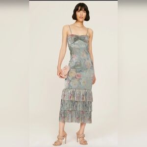 Mia Vesper Mermaid Metallic Floral Tiered Sleeveless Midi Dress Multicolor Sz M